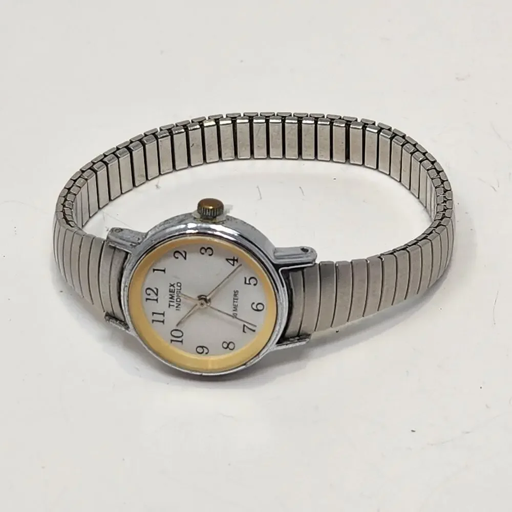 Timex Indiglo Ladies Stretch Band Watch Wristwatch Silver tone White Dial Works